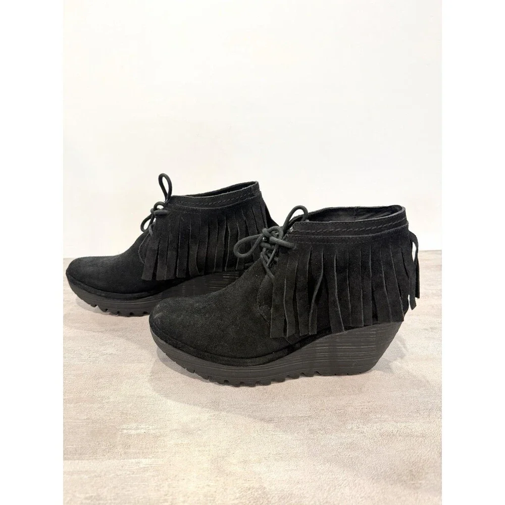 Fly London Yank Black Oil Suede Fringe Wedge Ankle Booties Boots US 7.5 EU 38